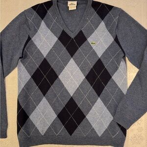 Lacoste Men's V-Neck Sweater in Blue and Black Argyle